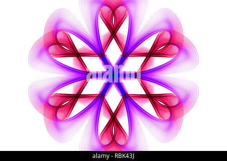 Abstract circle of thin pink and purple lines intersecting with a cross in the middle on a white background Stock Photo