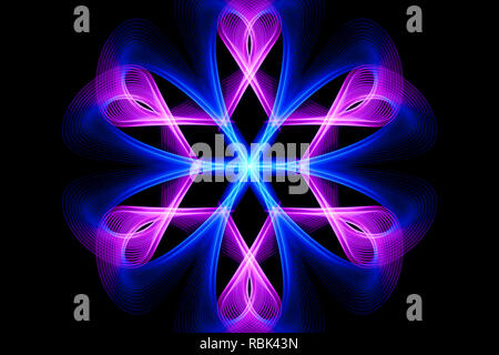 Abstract circle of thin pink and purple lines intersecting with a cross in the middle on a black background Stock Photo