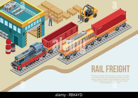 Vector banner for railway road freight logistics with warehouse and workers Stock Vector