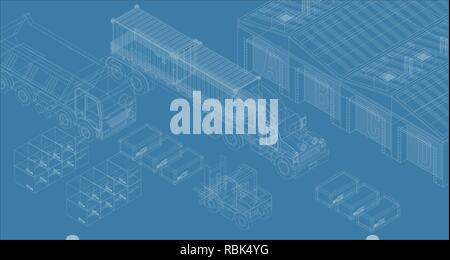 Vector of sketch isometric design of truck with warehouse for delivery concept Stock Vector