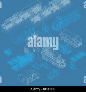 Blueprint isometric design of vector image with delivery concept presenting different transport Stock Vector