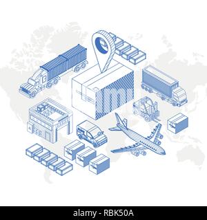 Set of isometric icons showing various delivery transport and element on white background Stock Vector
