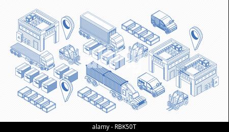 Set of isometric blue icons and elements showing trucks and warehouse of delivery service Stock Vector