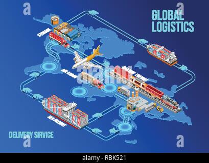 Isometric graphic structure of modern global logistics and delivery service depicted over world map Stock Vector