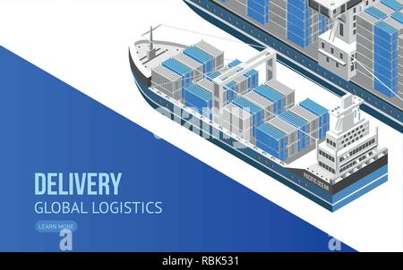 Creative webpage design with isometric freight ship and information about global delivery and logistics Stock Vector