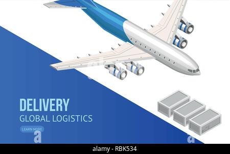 Isometric design of webpage with flying airplane showing information about delivery and global logistics Stock Vector