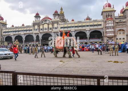 Mysore Dussehra celebration or Dasara festival procession at the Mysore palace of Indian Maharaja or king in Karnataka India Stock Photo