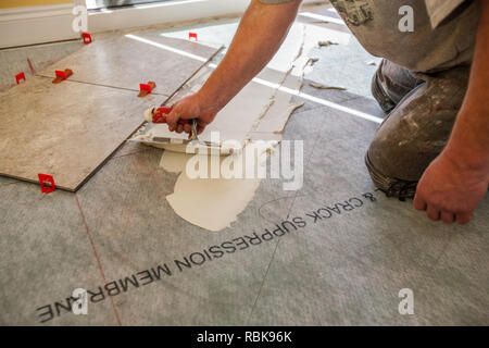Man Using Trowel To Spread Tile Adhesive Stock Photo