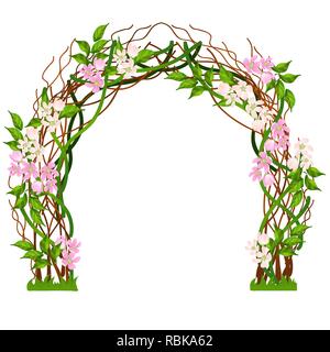 Wedding arch decorated with pink flower buds isolated on white background. Vector cartoon close-up illustration. Stock Vector