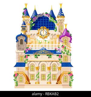 Fairytale castle festively decorated with flowers and golden watch isolated on white background. Vector cartoon close-up illustration. Stock Vector
