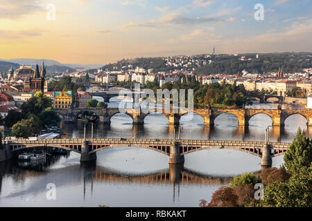 Charles bridge and other bridges in Prague, aerial view