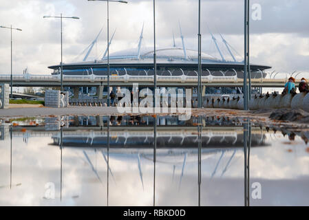The Zenit-arena stadium with the reflection in the water . Krestovsky island Saint-Petersburg, Russia . Stock Photo