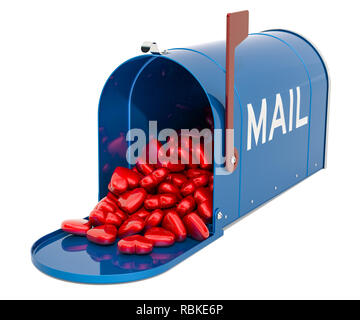 Mailbox with heap of red hearts. Valentine cards concept, 3D rendering isolated on white background Stock Photo