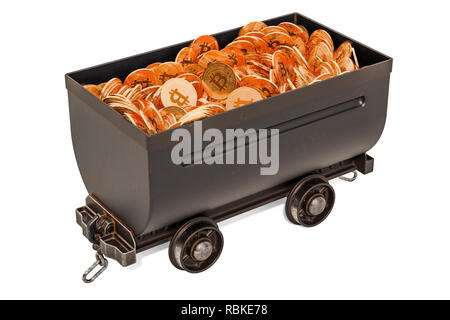 Bitcoin mining concept. Mine cart full of bitcoins, 3D rendering isolated on white background Stock Photo