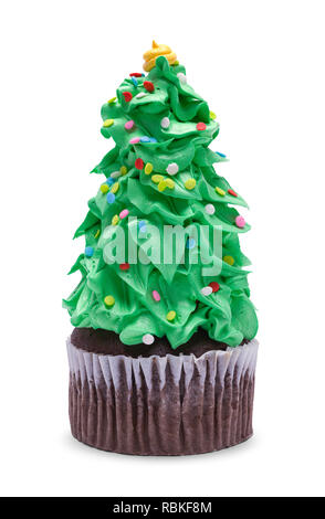 Christmas Tree Cupcake with Wrapper Isolated on White Background. Stock Photo