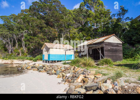 Beach huts, beach by Pambula river estuary, New South Wales, Australia Stock Photo