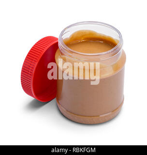 Small Open Peanut Butter Jar Isolated on White Background. Stock Photo