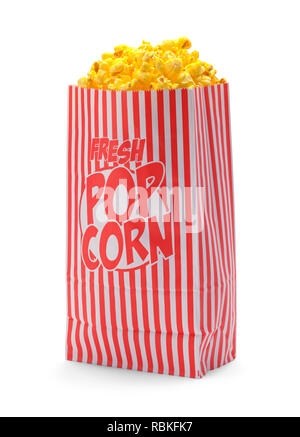 Red and White Striped Popcorn Bag Isolated on White Background. Stock Photo