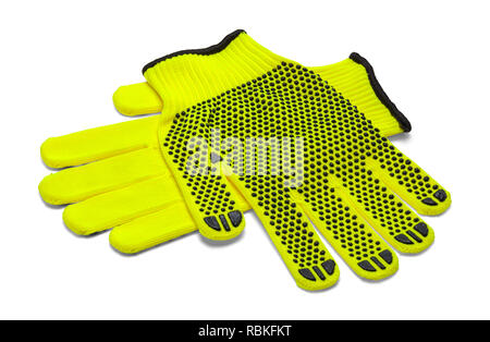 Yellow Fluorescent Work Gloves Isolated on White Background. Stock Photo
