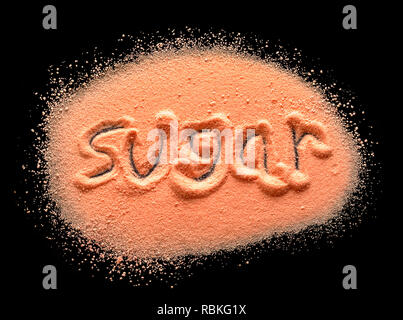 Word Sugar Written in Orange Candy Powder on Black. Stock Photo