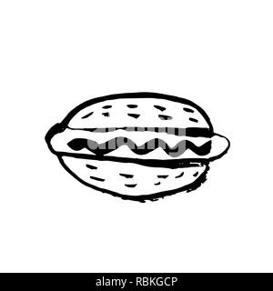 Vector fast food meal grunge icon. Hotdog ink illustration. Stock Vector