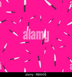 Seamless pattern of kitchen knives on a colored background. Vector illustration in 3d style Stock Vector