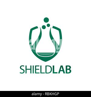 Shield Lab. Shield with laboratory icon flat logo concept design template idea Stock Vector