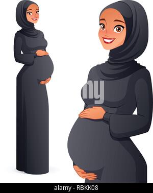 Beautiful Muslim pregnant woman in hijab. Isolated vector illustration. Stock Vector