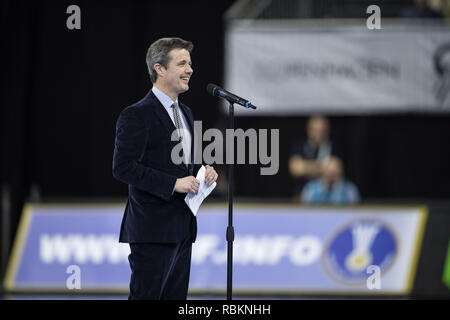 Copenhagen, Denmark. 10th Jan, 2019. Crown Prince Frederik of Denmark is giving the opening speech before the group C handball match between Denmark and Chile in Royal Arena in Copenhagen, Denmark during the 2019 IHF Handball World Championship in Germany/Denmark. Credit: Lars Moeller/ZUMA Wire/Alamy Live News Stock Photo