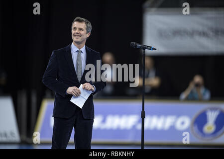 Copenhagen, Denmark. 10th Jan, 2019. Crown Prince Frederik of Denmark is giving the opening speech before the group C handball match between Denmark and Chile in Royal Arena in Copenhagen, Denmark during the 2019 IHF Handball World Championship in Germany/Denmark. Credit: Lars Moeller/ZUMA Wire/Alamy Live News Stock Photo