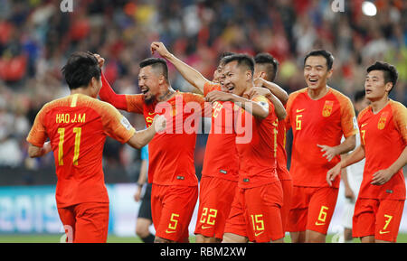 (190111) -- ABU DHABI, Jan. 11, 2019 (Xinhua) -- Yu Dabao (3rd L) of China celebrates after scoring during the 2019 AFC Asian Cup UAE 2019 group C match between China and the Philippines in Abu Dhabi, the United Arab Emirates (UAE), Jan. 11, 2019. China won 3-0. (Xinhua/Ding Xu) Stock Photo