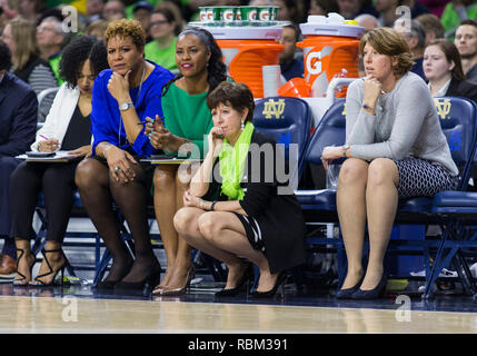 South Bend, Indiana, USA. 10th Jan, 2019. Notre Dame head coach Muffet McGraw looks on during NCAA Basketball game action between the Louisville Cardinals and the Notre Dame Fighting Irish at Purcell Pavilion at the Joyce Center in South Bend, Indiana. Notre Dame defeated Louisville 82-68. John Mersits/CSM/Alamy Live News Stock Photo