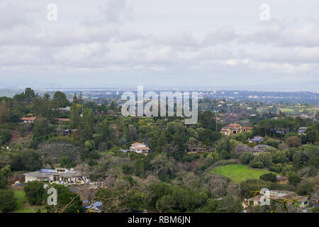 Panoramic view of the Peninsula on a cloudy day; view towards Los Altos, Palo Alto, Menlo Park, Silicon Valley and Dumbarton Bridge and San Francisco  Stock Photo
