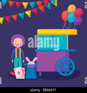 circus clown with pop corn cart vector illustration design Stock Vector