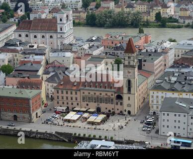 Looking down on Passau Germany, the Three Rivers City, at the confluence of the Danube, Inn and Ilz rivers. Stock Photo