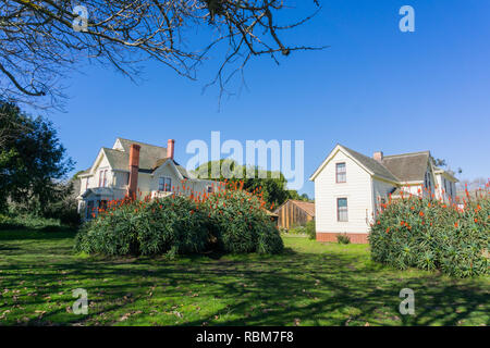 Historical ranch buildings and aloe flowers, Wilder Ranch State Park, California Stock Photo