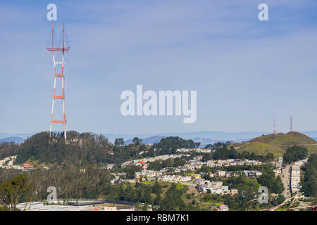 View towards Sutro tower and Twin peaks and the surrounding residential areas, San Francisco, California Stock Photo