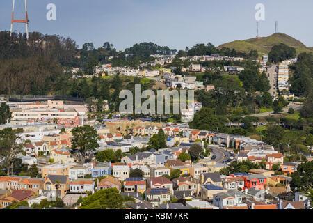 View towards Sutro tower and Twin peaks and the surrounding residential areas, San Francisco, California Stock Photo