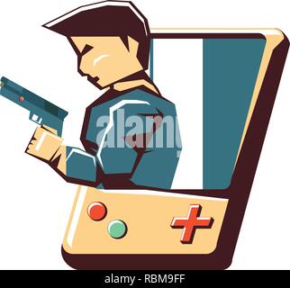 retro video game portable with gangster avatar vector illustration design Stock Vector