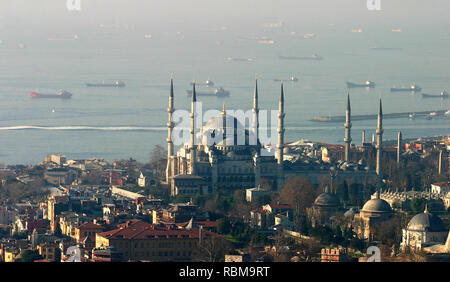 Suleymaniye Mosque and behind Bosphorus from air in Istanbul Turkey. Stock Photo