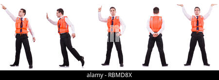Man in life-jacket isolated on white Stock Photo