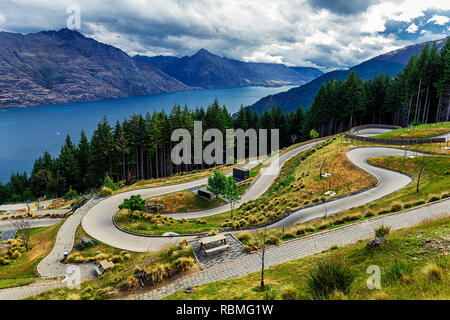 Luge track on the mountain in Queenstown with a beatiful lake Wakatipu and mountains view