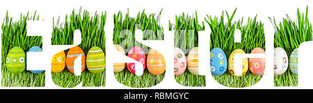Easter font. Word Easter with transparency of green grass and Easter eggs Stock Photo