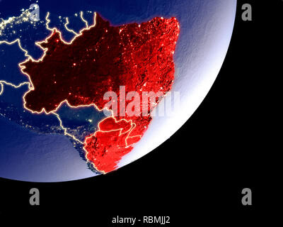 Mercosur memebers from space on model of Earth at night. Very fine detail of the plastic planet surface and visible bright city lights. 3D illustratio Stock Photo