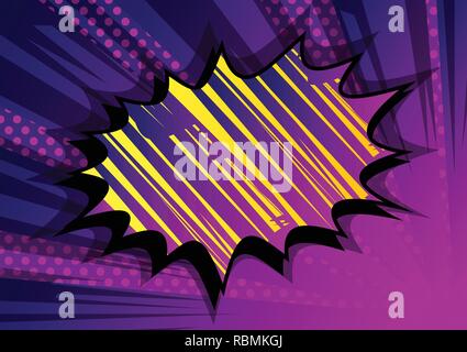 Vector illustrated retro comic book background with big purple explosion bubble, pop art vintage style backdrop. Stock Vector