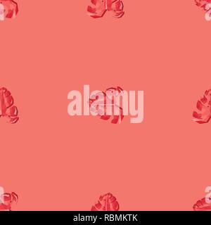 Seamless vector pattern with spaced out monstera leaves in coral color. Polygonal texture design. Stock Vector