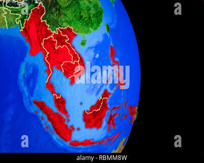 Southeast Asia on 3D model of planet Earth with black oily oceans and ...