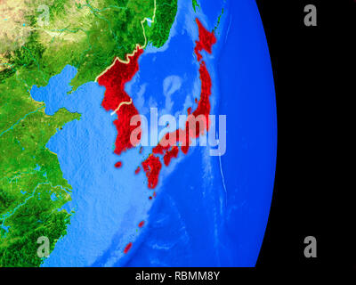 Korea on realistic model of planet Earth with country borders and very ...