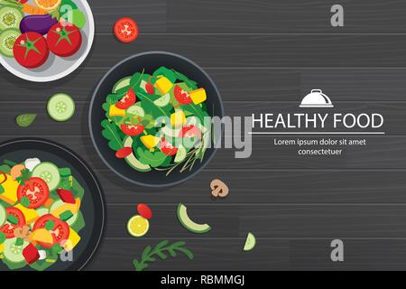 Healthy food with ingredients on the dark wooden table background. Stock Vector