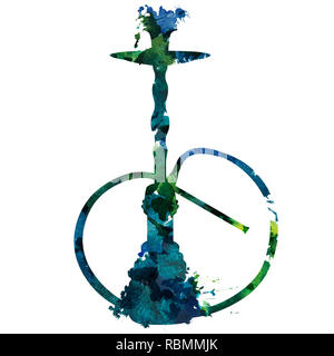 2d hand drawn illustration for lounge bar. Indigo green blue watercolor splash blot in shape of oriental hookah isolated on white background. Stock Photo